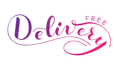 Vector hand written free delivery text isolated on white background. Food or parcel delivery service. Script brushpen lettering with flourishes. Handwriting for banner, poster, company label or logo