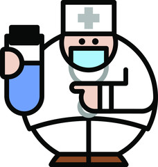 Doctor wearing white suit and blue face mask, with new vaccine in test-tube