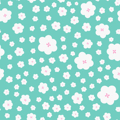 White spring flowers seamless repeat vector pattern for wrapping paper,prints,wallpaper,fabrics.White flowers on green background.