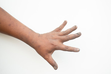 Hand, dirty fingers and hand gesture on a white background on an empty space