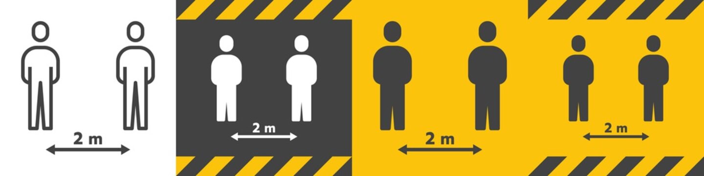 Bundle of Social Distancing Sign 2 metre (m.) or 6 Feet (ft.) To Stop Coronavirus 2019 or Covid-19 Spreading With Outline Line and Solid Glyph Icon. Modern Human People Design Vector. EPS 10.