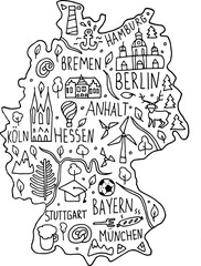 Hand drawn doodle German map. German city names lettering and cartoon landmarks,