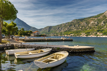 Sunny morning panoramic view of Kotor bay near old town, Montenegro.