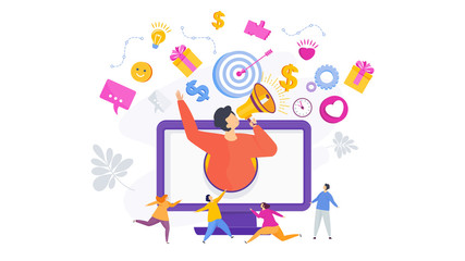 Advertising business concept. Man with megaphone in computer screen.