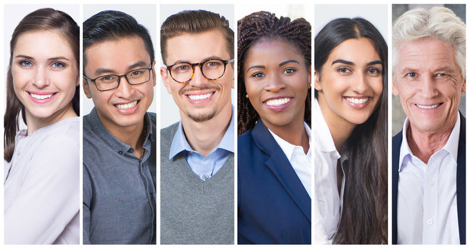 Positive Multinational Businesspeople Portrait Set. Happy Smiling Men And Women Of Different Races And Ages Multiple Shot Collage. Human Emotions Concept