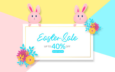 easter sale banner design, vector illustration with rabbit and flower