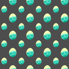 Emerald with yellow top Easter egg seamless pattern. Hand drawing watercolor sketch on grey background. Colorful illustration. Picture can be used in greeting cards, posters, flyers, banners, logo