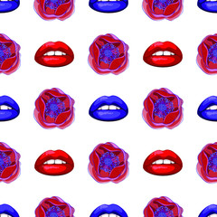 Fashion seamless pattern, sexy purple lips and beautiful flowers, wallpaper background, print fabric, textile, cover paper. Vector illustration.