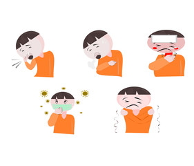 Cartoon Portrait on isolate background. Man ill with different gestures The flu is a high fever, body aches, cough, panting.