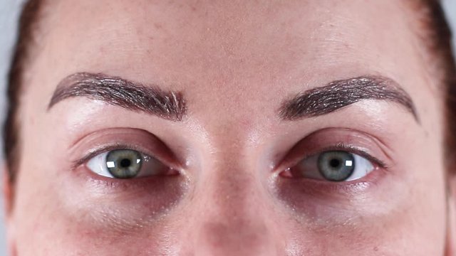 Close up of woman face with beautiful painted eyebrows. Professional eyebrow care, coloring and permanent makeup.