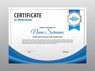 Simple Clean Blue Curve Certificate Design, Professional Modern Certificate Template Vector