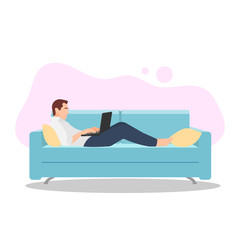 Man working from home concept. Self isolation. House quarantine. COVID-19 pandemic. Coronavirus social distancing. Remote work. Freelance job. Freelancer sitting on sofa - Flat character illustration.