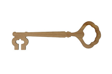 key made out of wood. wooden key isolated on white background. laser cutting and engraving