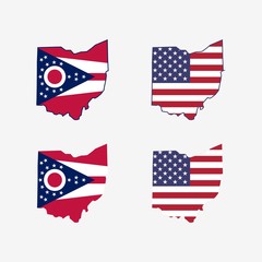 Ohio map with Ohio State Flag and US Flag Vector Illustration Set Isolated on White
