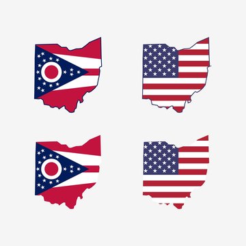 Ohio map with Ohio State Flag and US Flag Vector Illustration Set Isolated on White