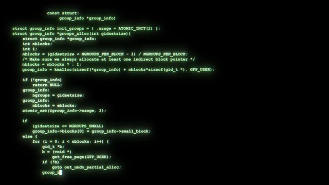 Realistic retro style screen with scrolling hacker code, seamless loop
