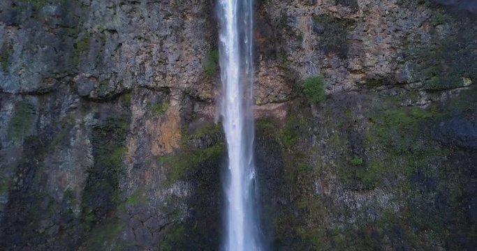 Waterfall Multnomah Falls 4K Aerial Drone - Push In On Waterfall Frontal