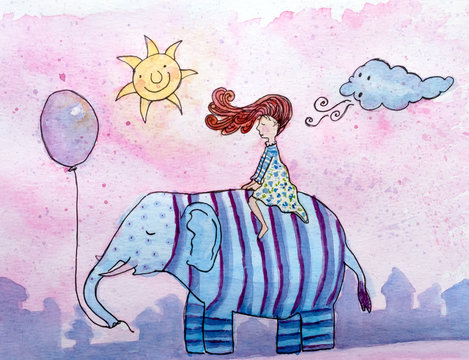 Illustrazione per l'infanzia, bambina seduta su un elefante