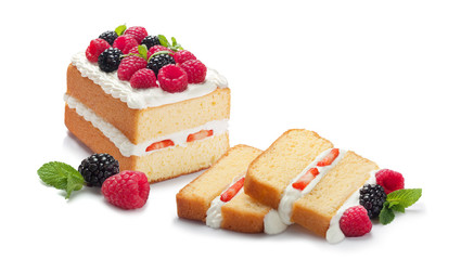 Sliced cake with cream and berries on the white background