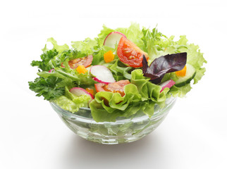 Fresh salad with tomato and lettuce at white background