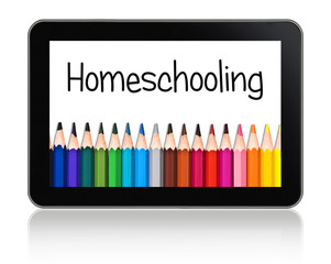 Homeschooling written on a tablet with a colorful lineof pencils