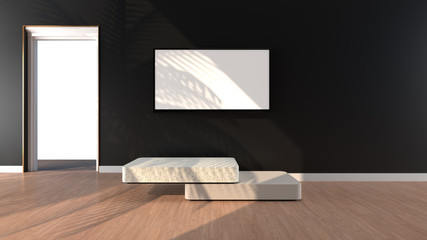Square stone pedestal overlapping, The sunlight shines And the black wall with Square windows with shadow of leaf. Television white screen are hung on the wall, Isolated on wooden floor, 3D rendering.