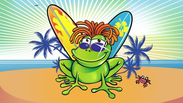 summer time with jamaican frog with surfboard