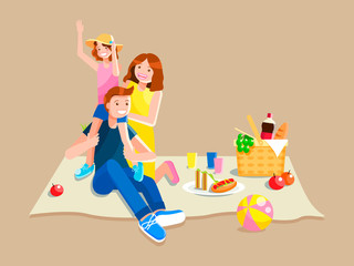 Young family having a picnic. Vector cartoon isolated illustration