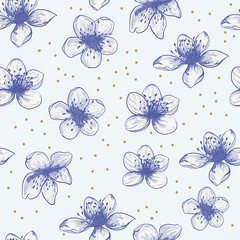 Cherry flowers with blue outline on bright background. Vector seamless pattern with floral arrangement. Spring blossom. Fabric, wallpaper swatches. Bluish outline. Toile Wallpaper.