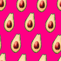 Seamless low poly avocado pattern. Vector polygonal avocado sign on fuchsia pink background. Green healthy fruits, proper nutrition, snacks, vegetables, eat. Food illustration for packaging, textile