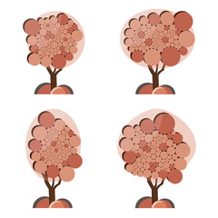 Set of abstract trees on a white background. Many colored circles form the shape of lush foliage. Vector illustration