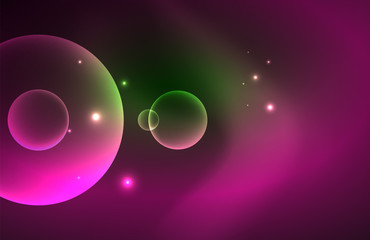 Neon shiny transparent glowing circles with light effects. Techno futuristic vector abstract background For Wallpaper, Banner, Background, Card, Book Illustration, landing page