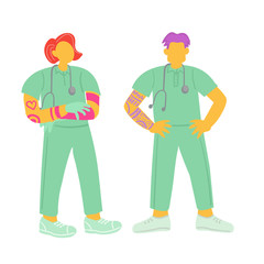Vector illustration with doctors. woman and man with tattoos in cartoon flat style