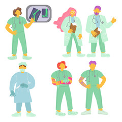 Set of vector illustrations with doctors. Doctor radiologist, surgeon, therapist.
Female and male doctors in cartoon flat style.