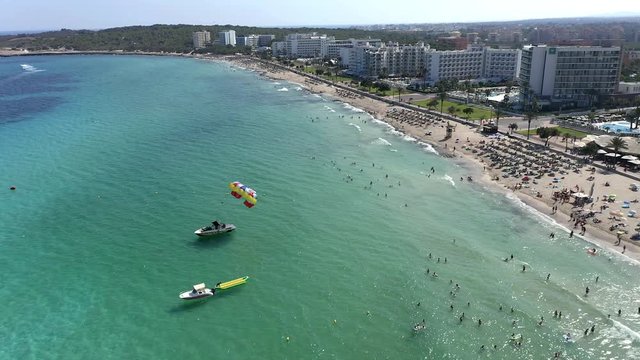 Aerial view, helicopter flight over the bay of Cala Millor and Cala Bona, Manacor region, Mallorca, Ballearen, Spain