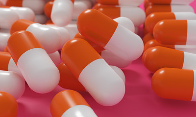 Capsule medicine pills, health pharmacy concept. Drugs for treatment medication. Heap of orange white color capsules on pink background. 3d illustration