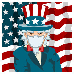 Uncle Sam in a medical mask on the background of the American flag against the coronavirus covid-19 - 335291929