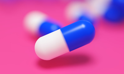 Capsule medicine pills, health pharmacy concept. Drugs for treatment medication. Heap of blue white color capsules on pink background. 3d illustration