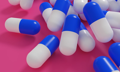 Capsule medicine pills, health pharmacy concept. Drugs for treatment medication. Heap of blue white color capsules on pink background. 3d illustration