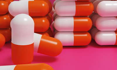 Capsule medicine pills, health pharmacy concept. Drugs for treatment medication. Heap of orange white color capsules on pink background. 3d illustration