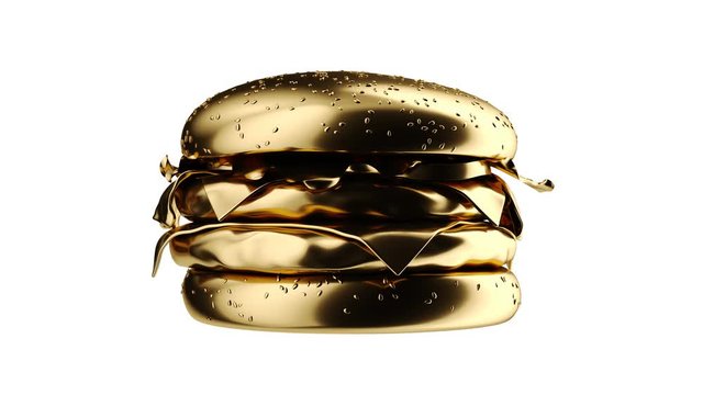 Minimal gold cheeseburger on a white background. 3d rendering.