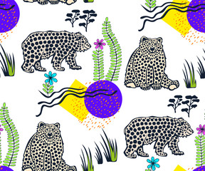 Vector background hand drawn doodle bear. Hand drawn ink illustration. Modern ornamental decorative background. Vector pattern. Print for textile, cloth, wallpaper, scrapbooking