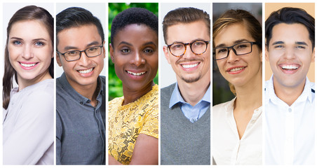Happy multiracial team members portrait set. Positive smiling young men and women of different races multiple shot collage. Human emotions concept