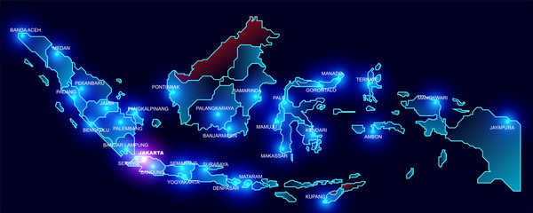 cool map of Indonesia with a glowing provincial capital. Map of Indonesia with the concept of galaxies - obrazy, fototapety, plakaty