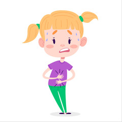 Obraz premium kid girl having stomachache. Bellyaches childre disease. Vector flat illustration on white isolated background