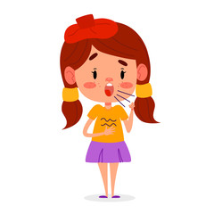 Sick child girl is coughing. Child has cough symptom. Isolated on white background. Vector illustration