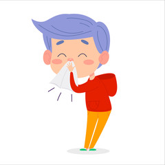 Sick child boy sneeze in handkerchief. Child has cold or allergic symptom. Isolated on white background. Vector illustration