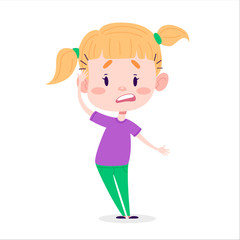 kid girl has headache pain cartoon vector illustrator. children have headache pain. touching head.