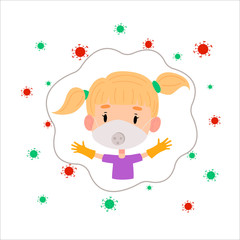 kid girl in mask and protecting gloves vector illustration. Prevention image for children on white isolated background