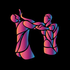 MMA fighters abstract neon silhouettes on black. Boxing icon